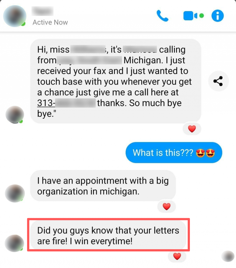 Testimonial - Contacted by a big organization in Michigan Your Letters Are Fire - Home Care Marketing Secrets - Dr. Yasmine Charif & Tyler Opsahl